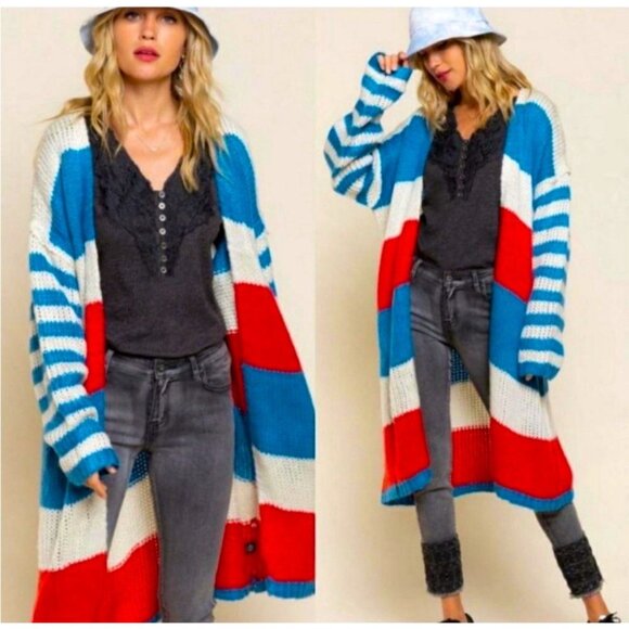 VICI Chunky Knit Open Front Duster Cardigan Striped Red White Blue SZ M - Picture 2 of 9